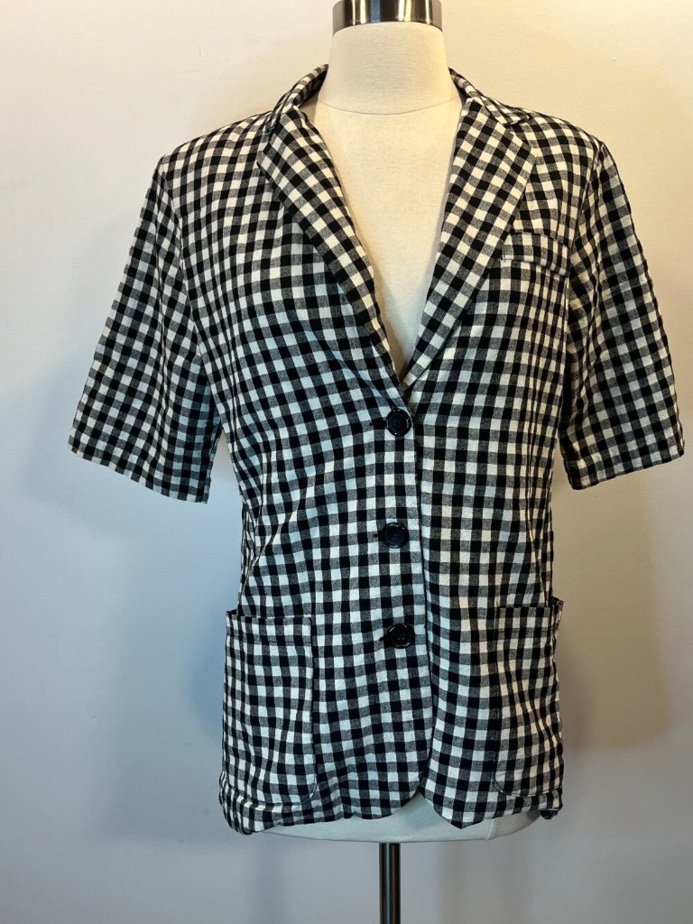 Oak + Fort Women's Black & White Gingham Short Sleeve Blazer Jacket - Size Small - Picture 2 of 6